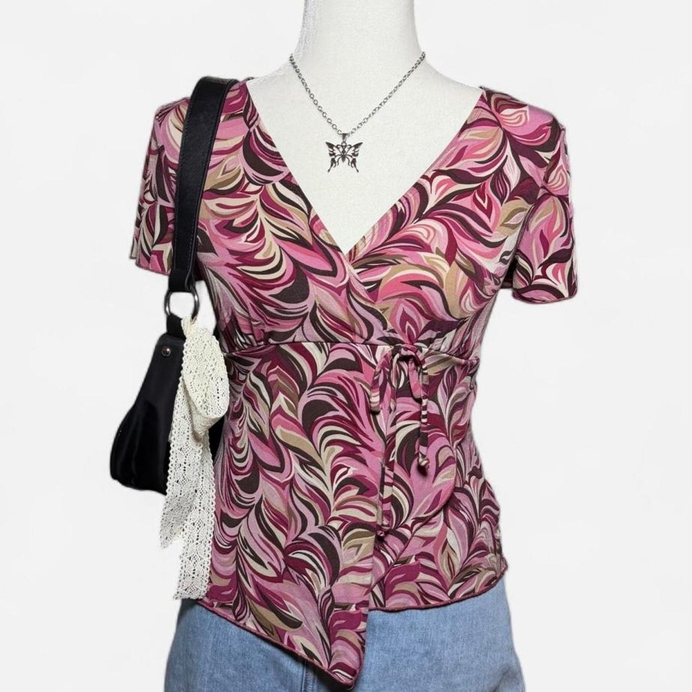 I.N. Studio Vintage Y2K Abstract Swirl Faux Wrap Top Pink Mauve Petite Small